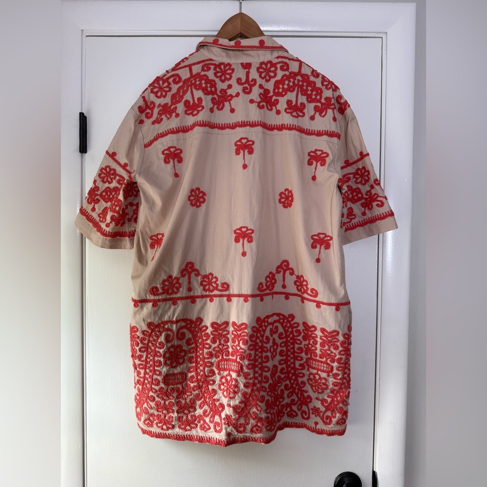Maeve Anthropologie Embroidered Shirt Dress Utility Safari Style Tan Coral Large - Picture 14 of 15